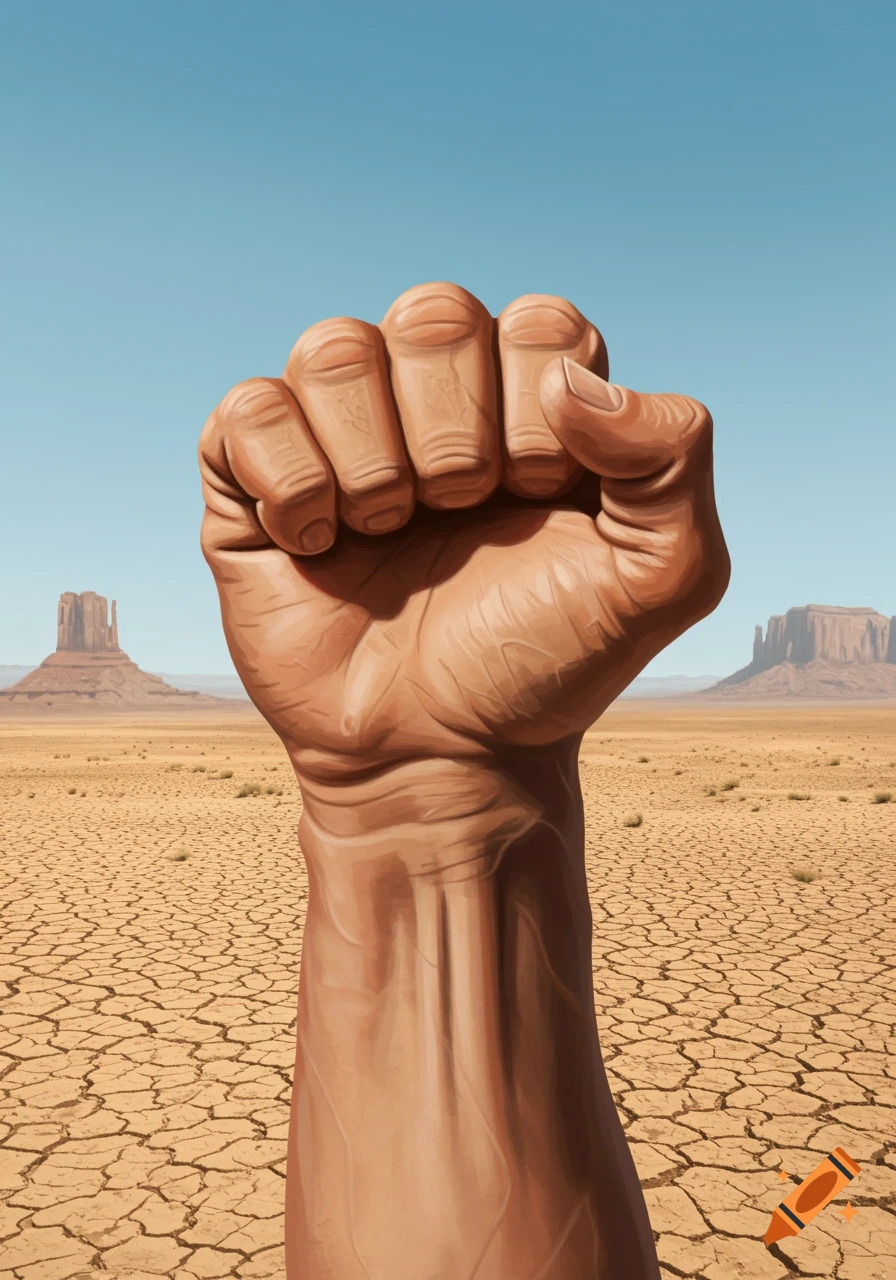 A close-up illustration of a raised human fist with two thumbs, centered against a cracked desert landscape with mesas and a clear blue sky.
