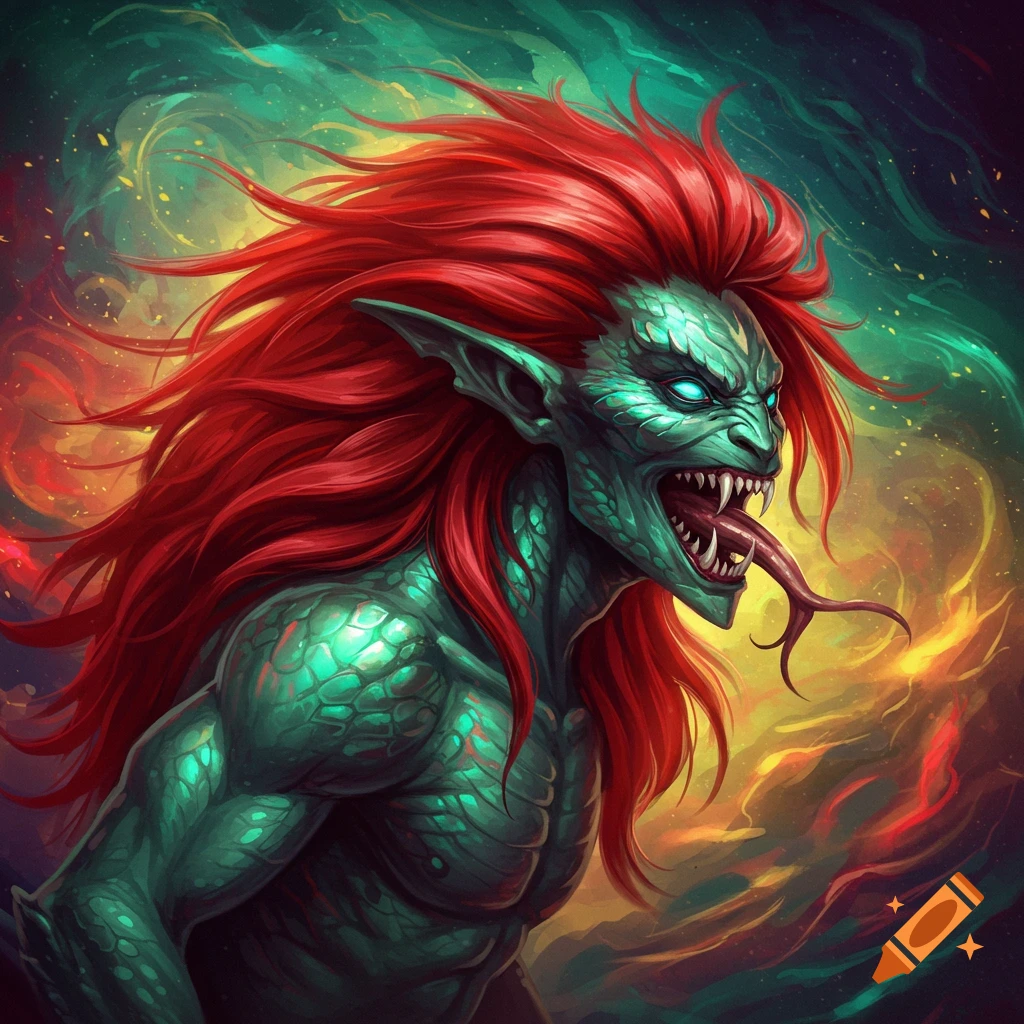 Vibrant illustration of a green-skinned monster with glowing eyes, sharp teeth, long tongue, and flowing red hair against a swirling colorful background.