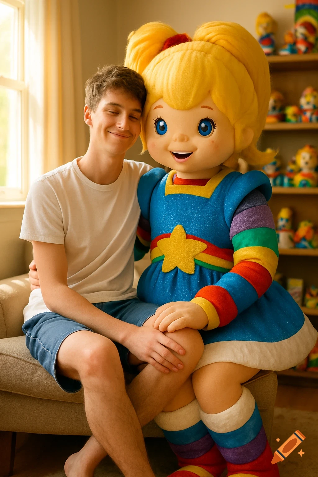 A smiling teenage boy with closed eyes sits on the lap of a large Rainbow Brite mascot costume in a bright room.
