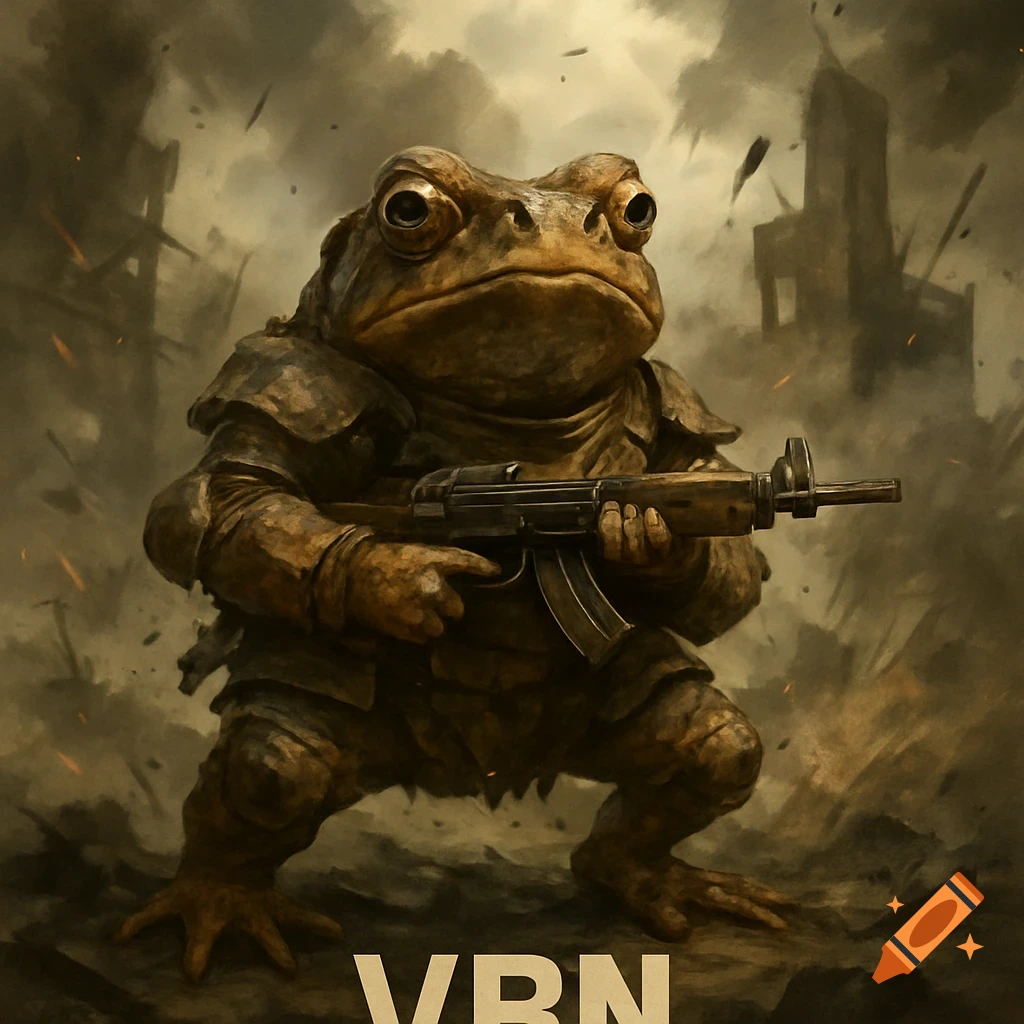 A grim, armored frog holding a rifle stands in a smoky, war-torn landscape. The letters VBN are at the bottom.
