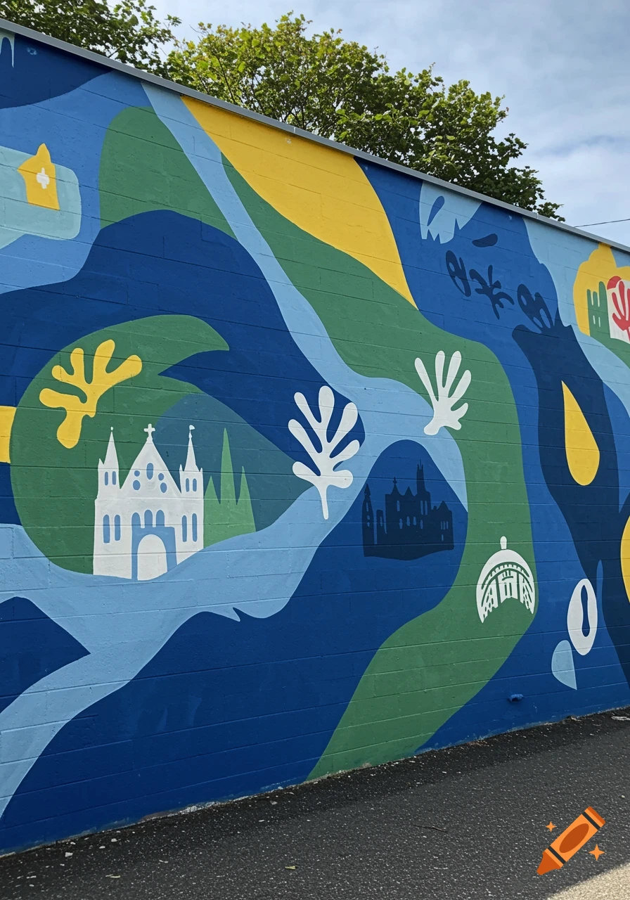 Colorful abstract mural on a wall featuring blue, green, and yellow shapes with white outlines of buildings and organic forms.