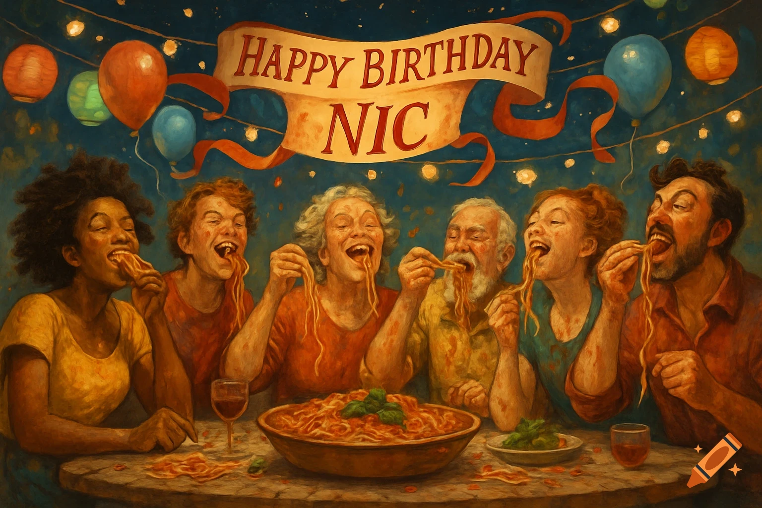 A diverse group of people joyfully eating spaghetti with their hands at a table, under a 'Happy Birthday Nic' banner and balloons, in a painterly style.