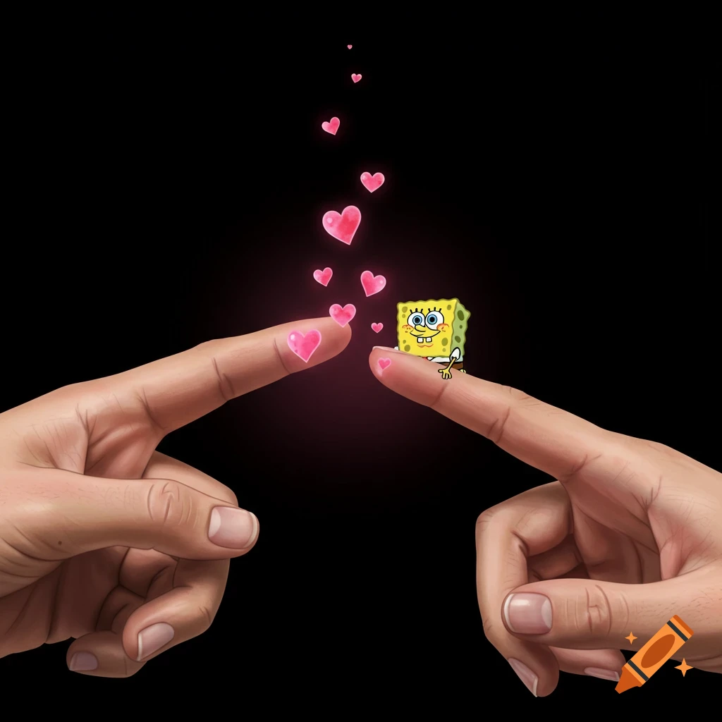 Two human hands with index fingers nearly touching, surrounded by glowing pink hearts, with a tiny Spongebob character on one finger, on a black background.