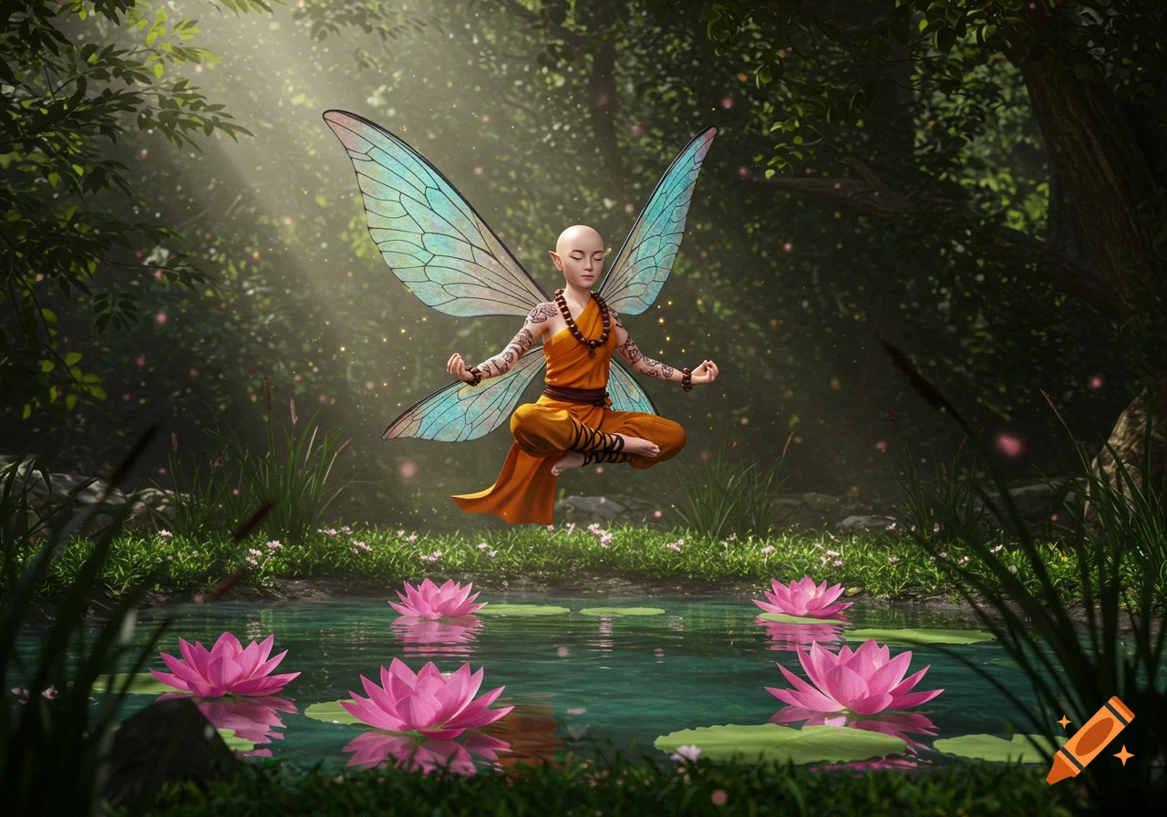 A bald fairy monk woman with blue wings floats meditating over a pond with pink lotus flowers in a sunlit forest.