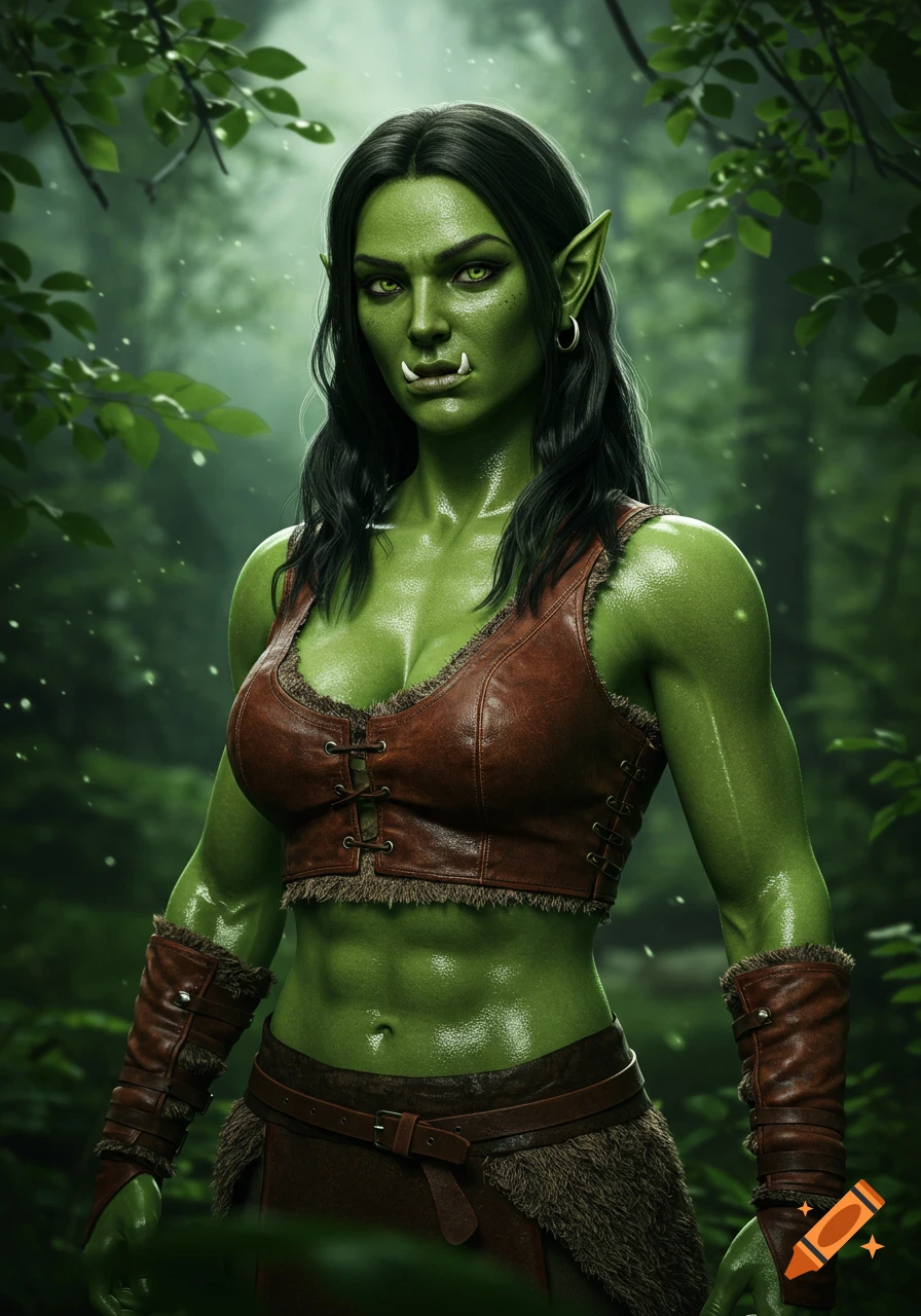 A photorealistic portrait of a muscular female half-orc ranger with green skin and dark hair, standing in a forest.