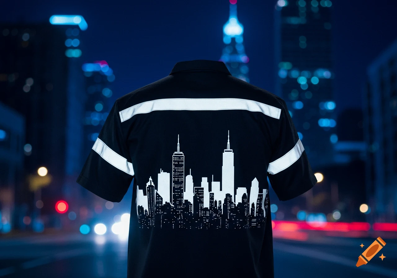 Back of a black t-shirt with white reflective stripes and a white cityscape silhouette design, set against a blurred night city background.