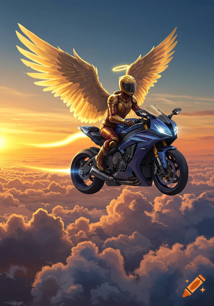 A stylized angel in golden armor and helmet with large golden wings rides a blue sports motorcycle above clouds during sunset.