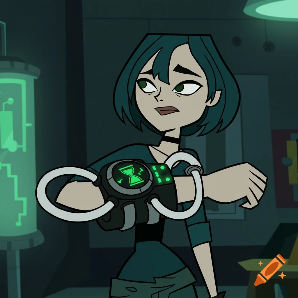 Gwen from Total Drama wearing a black and green prototype Omnitrix on her wrist, looking to the side in a science lab.