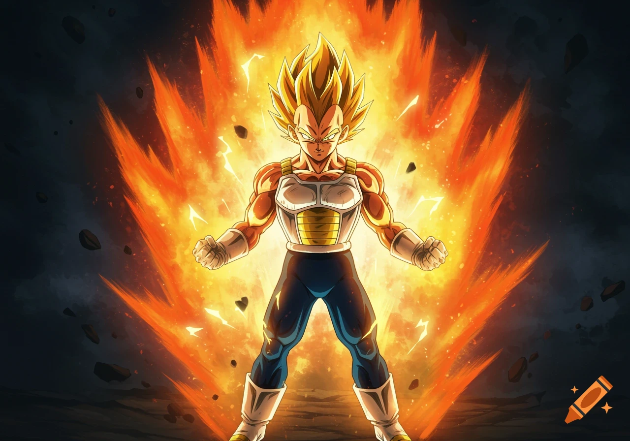 Vegeta in Super Saiyan form, engulfed in a fiery orange energy aura, standing powerfully in an anime style.