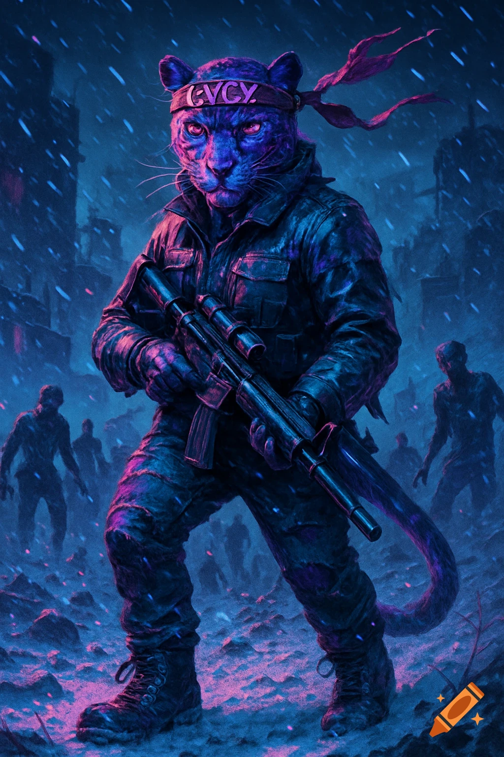 A neon purple and blue jaguar warrior in tactical gear holds a rifle in a snowy, dystopian cityscape.