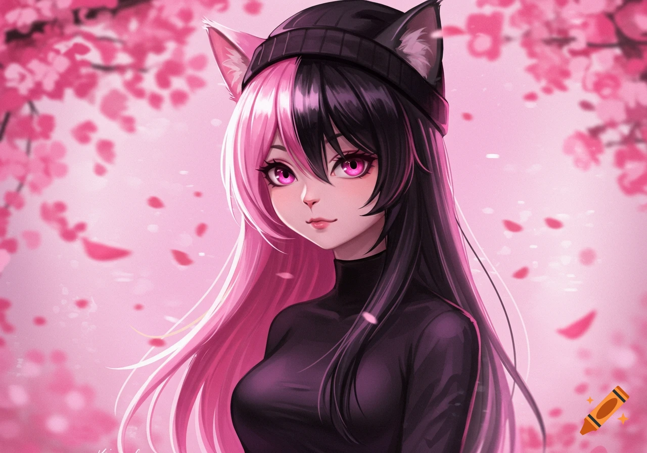 Anime cat girl with long black and pink hair, pink eyes, and a black beanie, against a pink background with cherry blossoms.