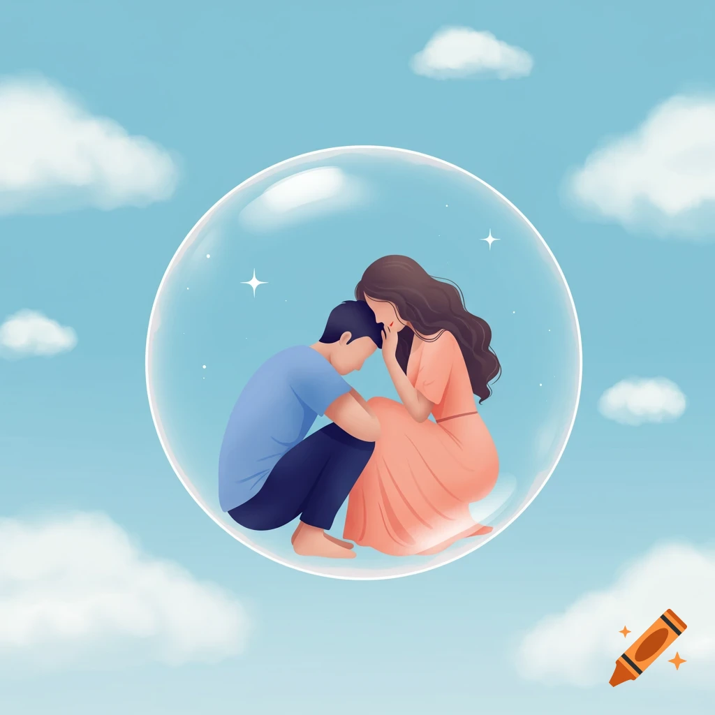 An illustration of a man and woman embracing inside a transparent bubble, floating in a blue sky with white clouds.