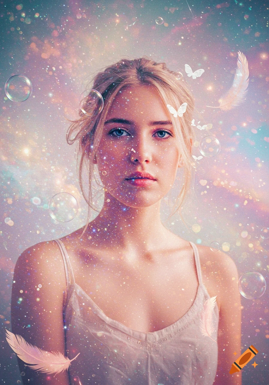 A young woman with blonde hair stares forward amidst a sparkly, dreamlike background with bubbles, butterflies, and feathers.