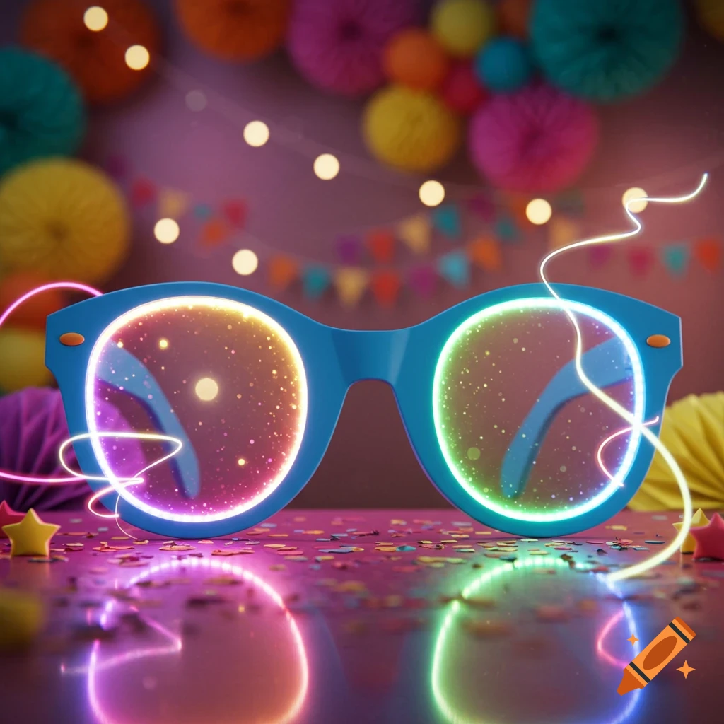 Blue party glasses with glowing, multi-colored lenses, surrounded by confetti and vibrant party decorations.