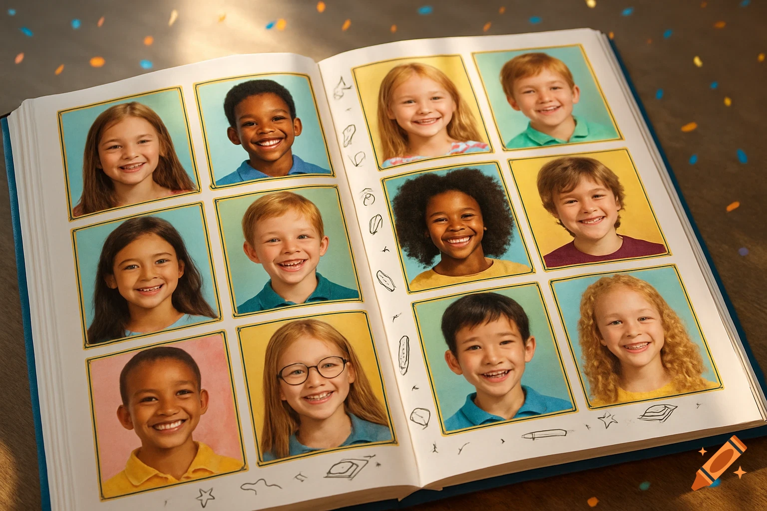 An open school yearbook displaying multiple photorealistic portraits of diverse, smiling children.