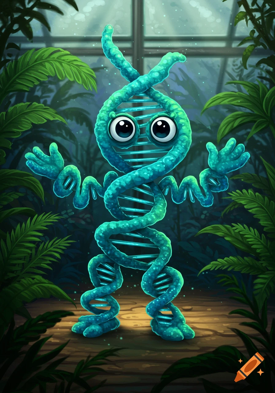 A cute, cartoon DNA strand mascot with big eyes and hands stands in a lush green greenhouse.