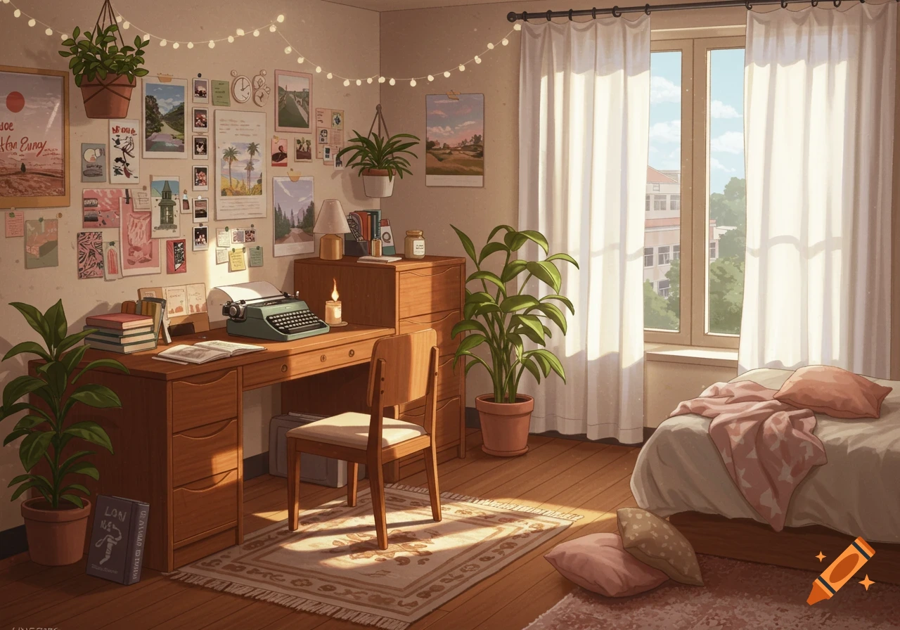 A cozy, sunlit aesthetic dorm room with a wooden desk, a typewriter, plants, posters, and a bed. Illustrated art style.