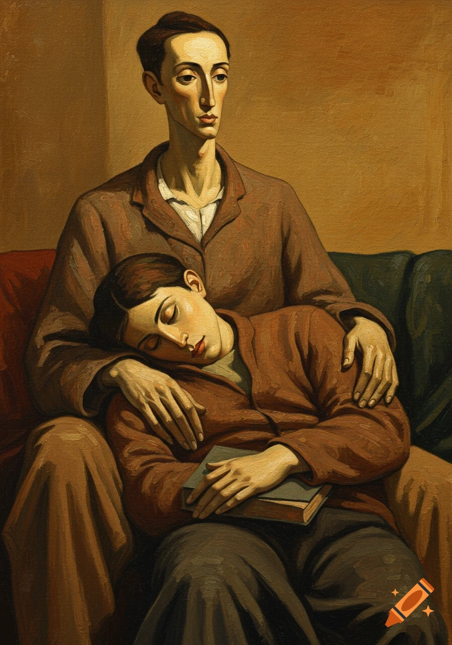 Modigliani-style painting of two male figures, one sitting, the other sleeping on his lap holding a book.