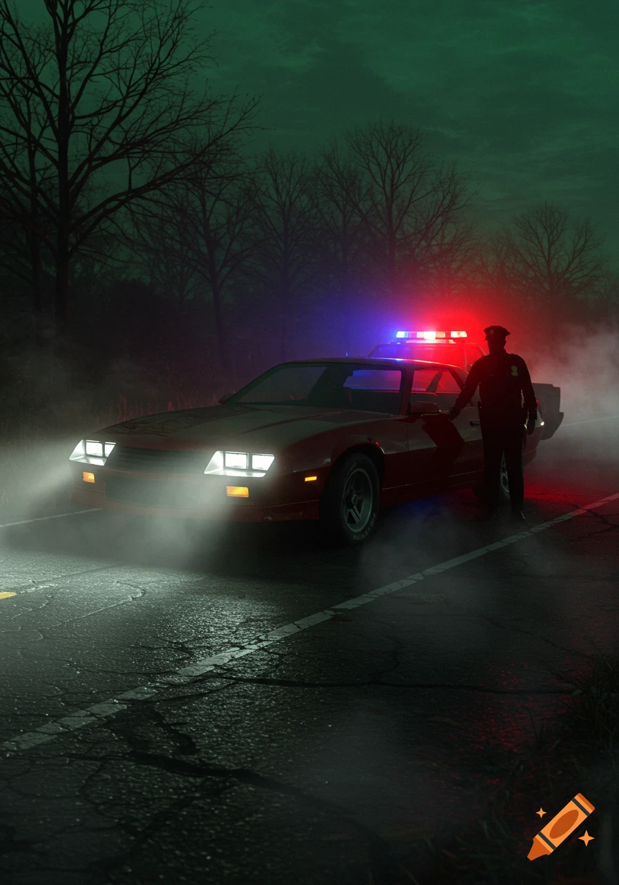 A police car with flashing red and blue lights pulls over a 1983 red Camaro on a dark, misty road at night, creating an eerie atmosphere.