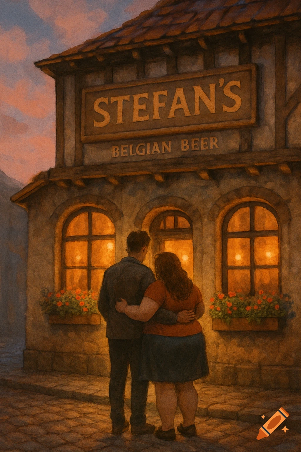 An illustration of a couple embracing, backs to the camera, standing on a cobblestone street in front of "Stefan's Belgian Beer" bar at dusk.