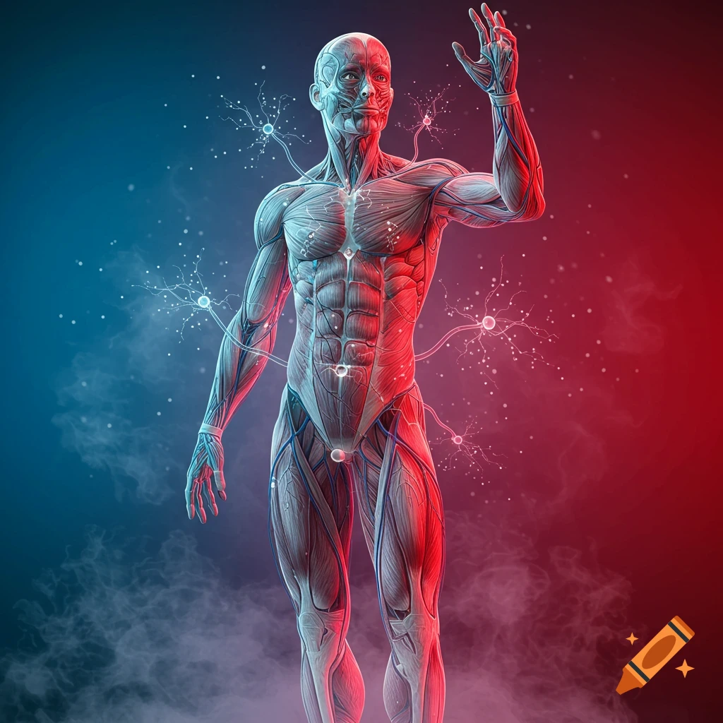 Full body anatomical figure showing muscles and nerves, glowing red on right and blue on left.