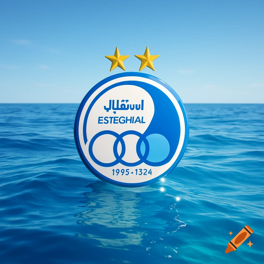 A blue and white Esteghlal F.C. football club logo with two gold stars floats on a vibrant blue ocean under a clear sky.