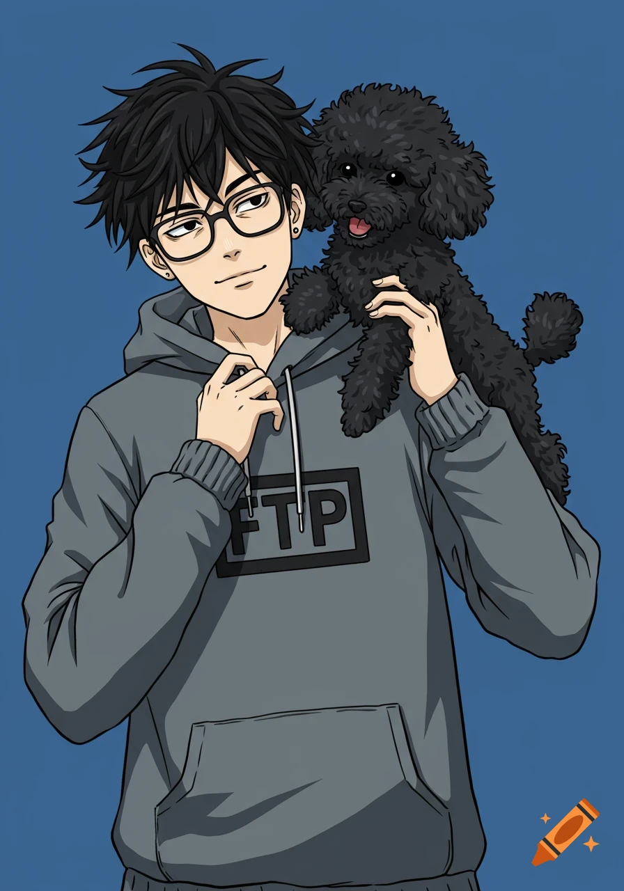 Anime-style portrait of a young man with black hair and glasses wearing a gray FTP hoodie, holding a black poodle on his shoulder against a blue background.