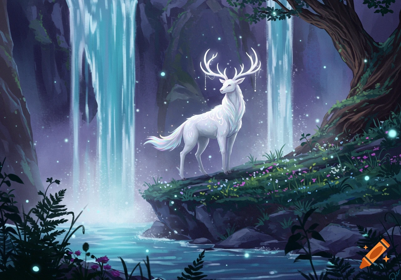 A white glowing stag with antlers stands by waterfalls in a mystical forest with glowing particles, illustrative style.