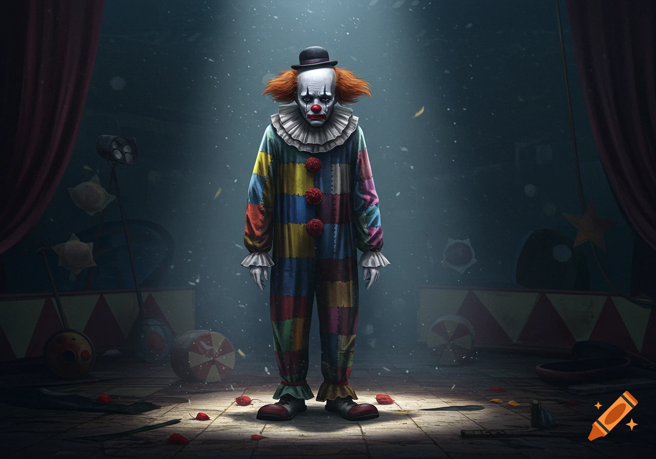 A sad clown in a patched costume and bowler hat stands under a spotlight in a dark circus tent.
