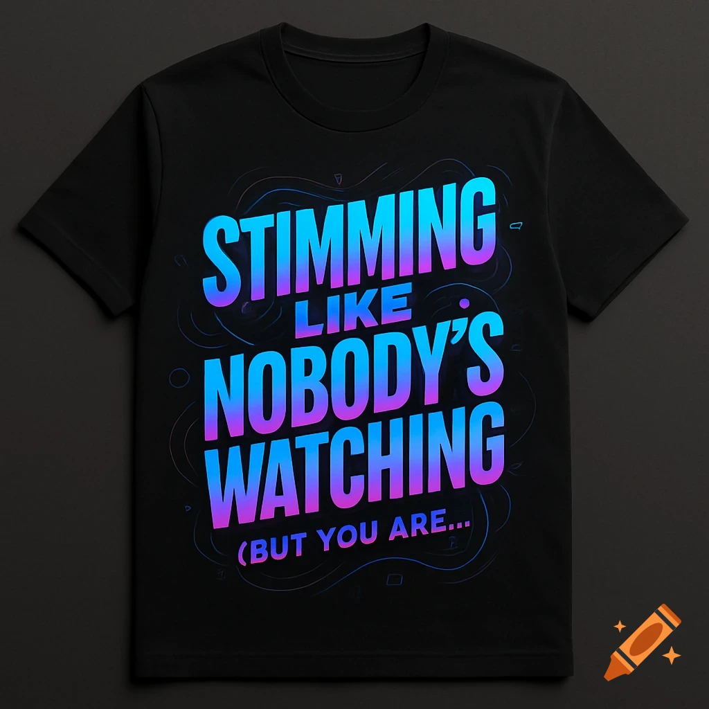 A black t-shirt with blue and purple gradient text that reads 'STIMMING LIKE NOBODY'S WATCHING (BUT YOU ARE...)'