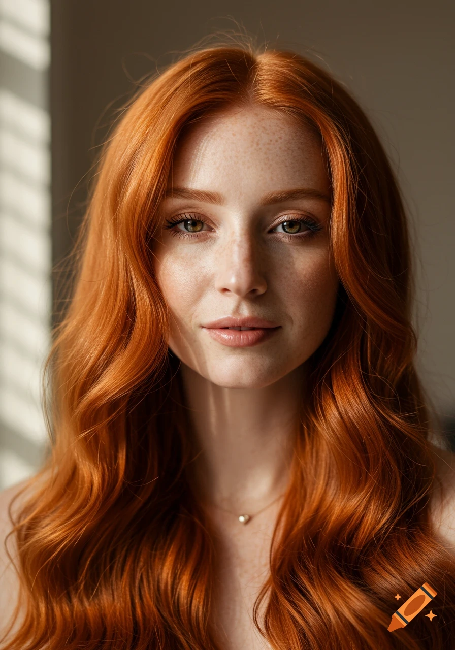 Close-up portrait of a young woman with long, wavy red hair and freckles, looking at the camera.
