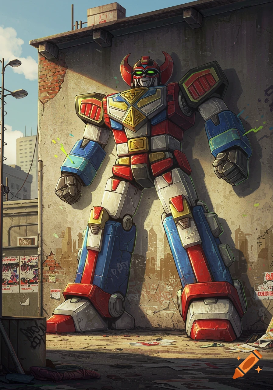 A large red, white, and blue robot stands against a graffiti-covered brick wall in an urban setting.