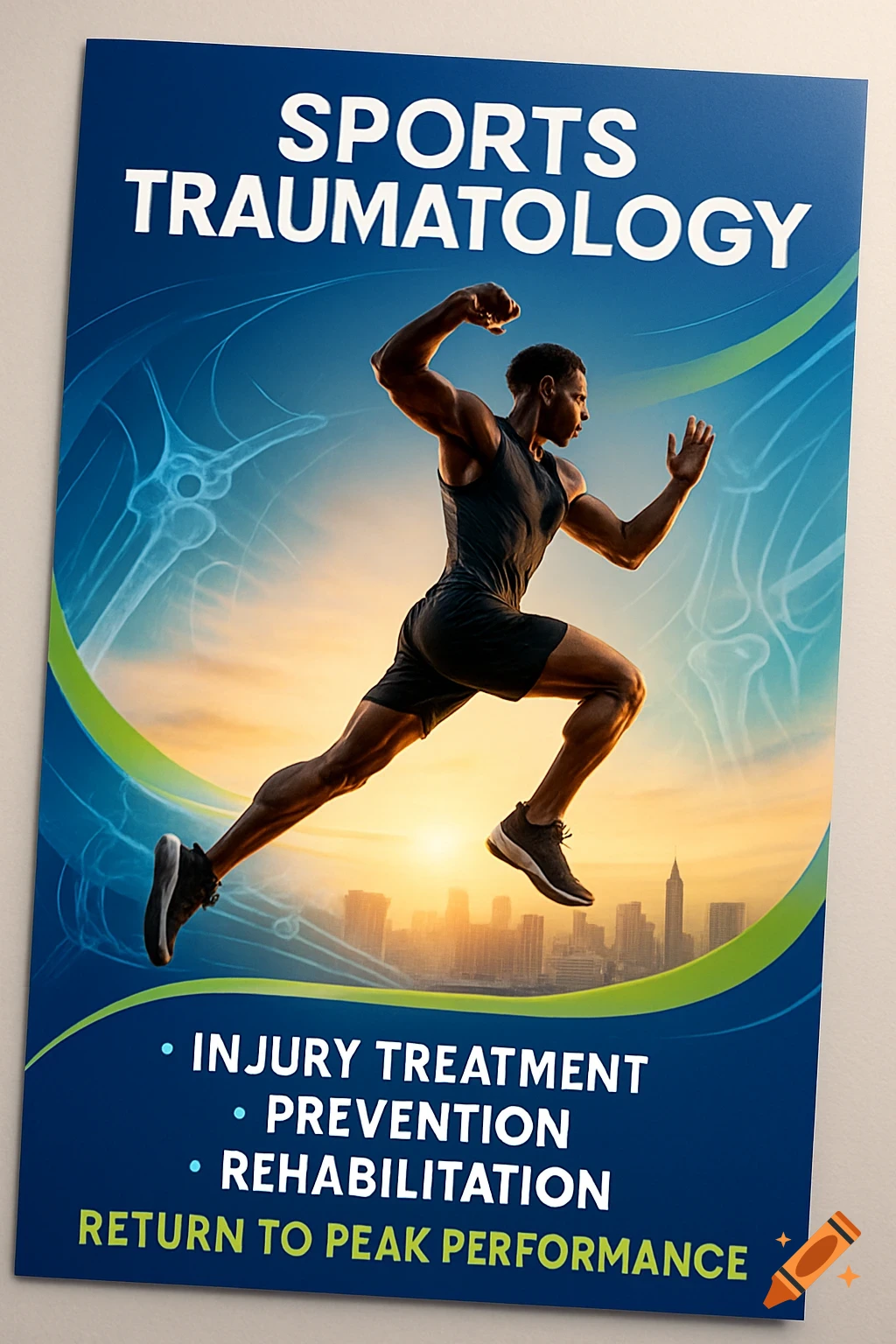 A photorealistic poster for Sports Traumatology featuring a muscular runner, sunset city skyline, and skeletal x-ray elements.