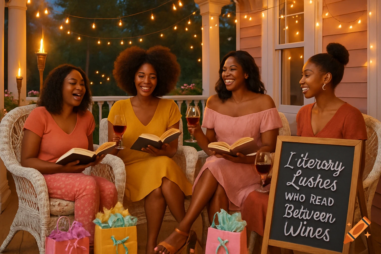 Four smiling African American women on a decorated porch at dusk, reading books and drinking wine. A chalkboard sign reads "Literary Lushes Who Read Bettween Wines" in a playful font. Gift bags with books and wine bottles are on the floor.