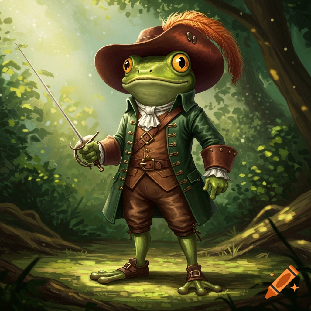 A confident, anthropomorphic frog wearing a plumed hat, green coat, and breeches, holding a rapier in a sunlit forest.