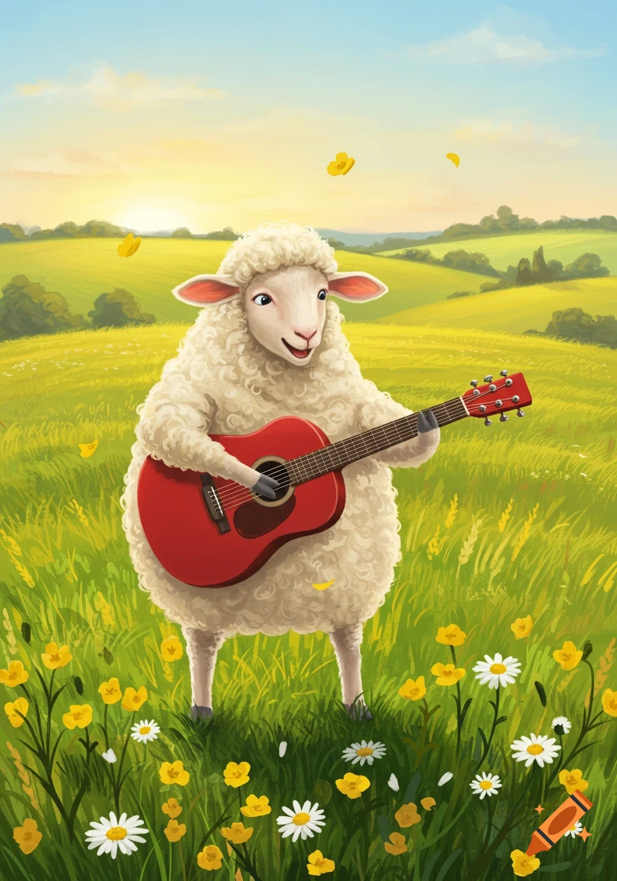 A cartoon sheep happily plays a red acoustic guitar in a vibrant green field with yellow flowers under a sunny sky.