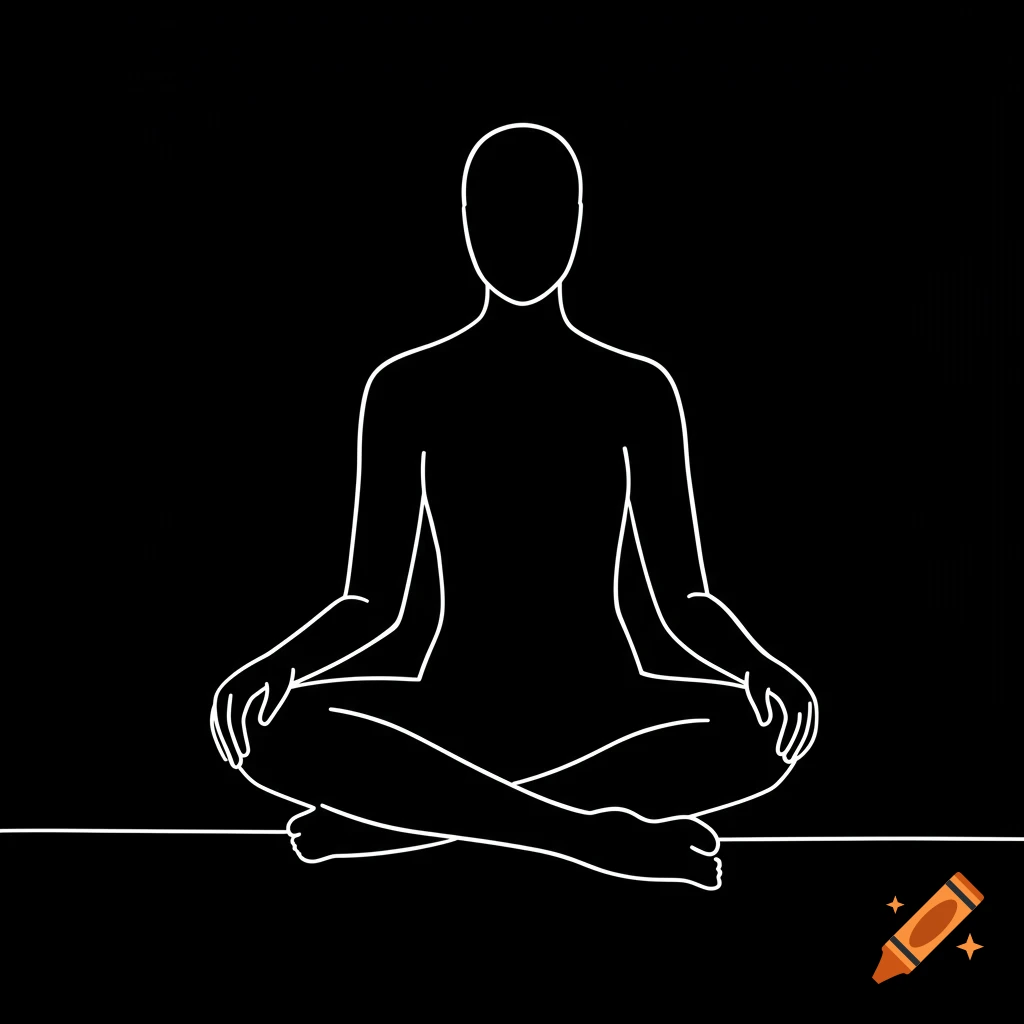 White monoline silhouette of a person sitting in a cross-legged, meditative pose on a black background.