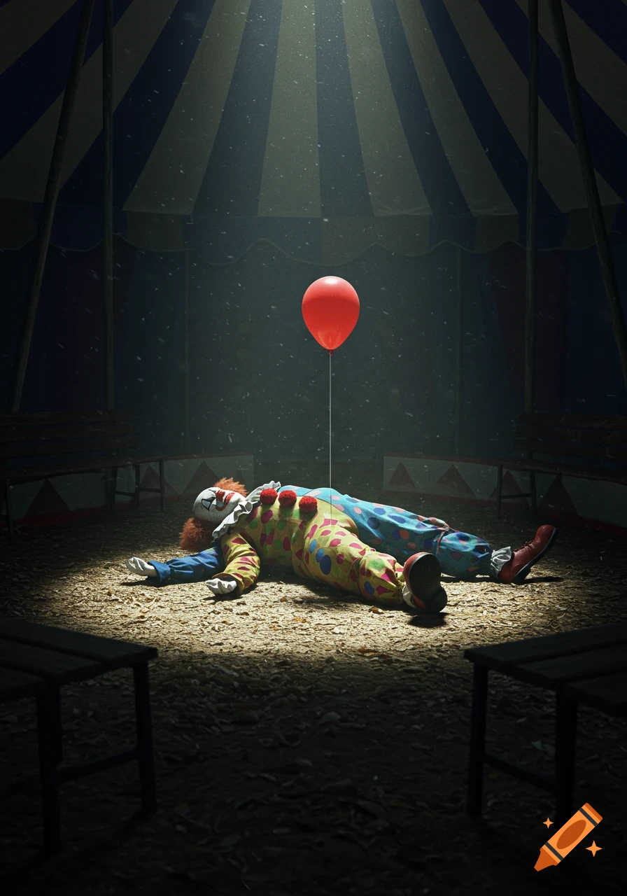 An unconscious clown lies on the sawdust floor of a dark circus tent under a spotlight, with a red balloon floating above.