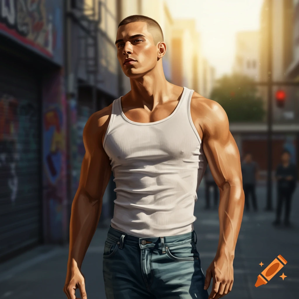 Muscular man with a buzz cut wearing a white tank top and jeans walking on a sunny urban street with graffiti.