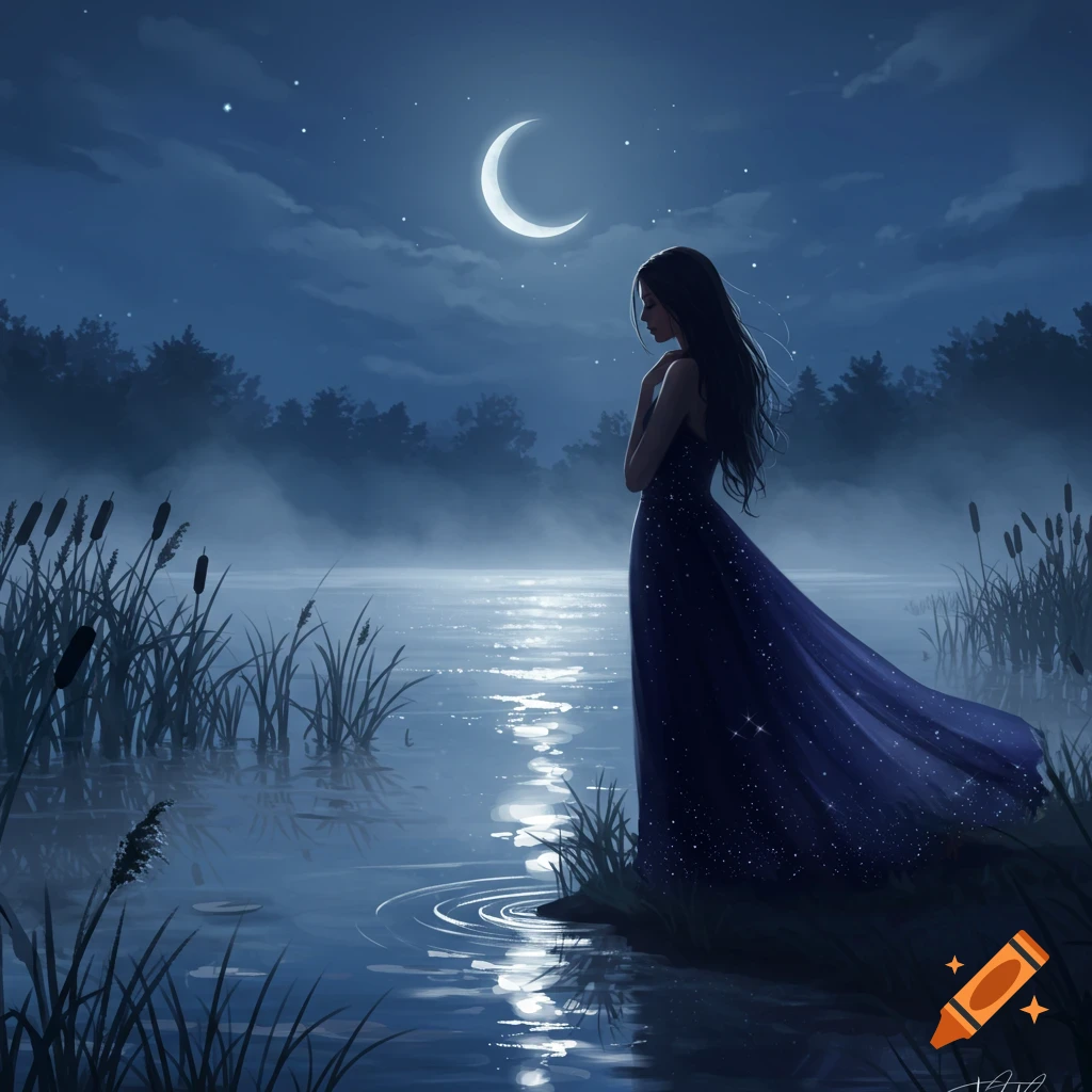 A woman in a star-dusted blue dress stands by a moonlit lake at night, under a crescent moon.