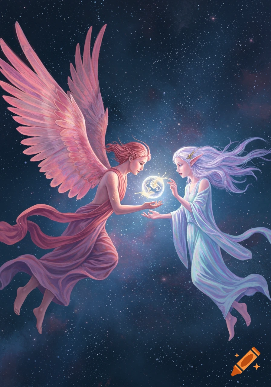 Two ethereal beings, one with pink wings and the other with pointed ears, float in a star-filled cosmic background, exchanging a glowing orb.