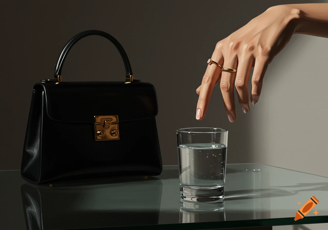 A black handbag sits next to a glass of water on a table, with a hand reaching towards the water in a photorealistic style.