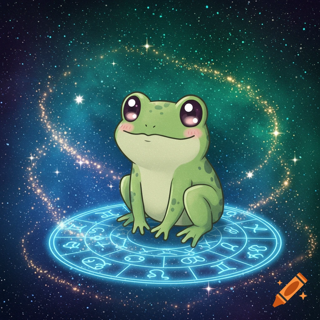 A cute cartoon frog sits on a glowing blue zodiac circle, surrounded by stars and nebulae in a cosmic background.