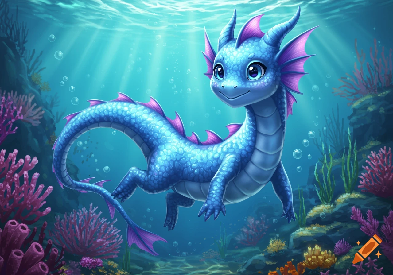 A cute blue and purple sea dragon with big eyes swims in a vibrant underwater scene with coral and bubbles.