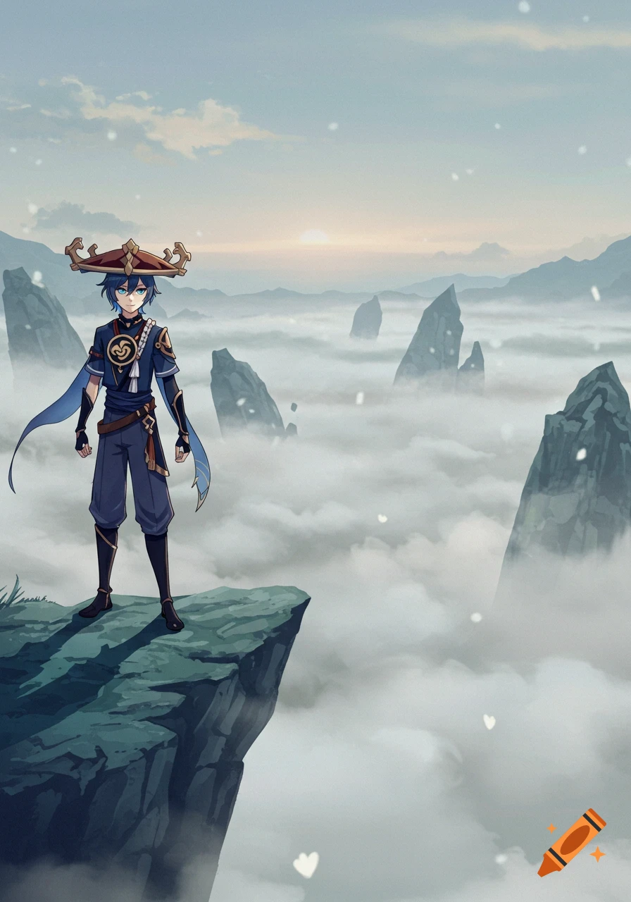 Anime character Scaramouche stands on a cliff overlooking a vast misty mountain range at sunrise.