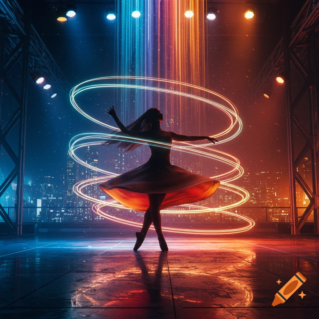 Silhouette of a dancer on a stage overlooking a city at night, surrounded by glowing neon rings and colorful spotlights.