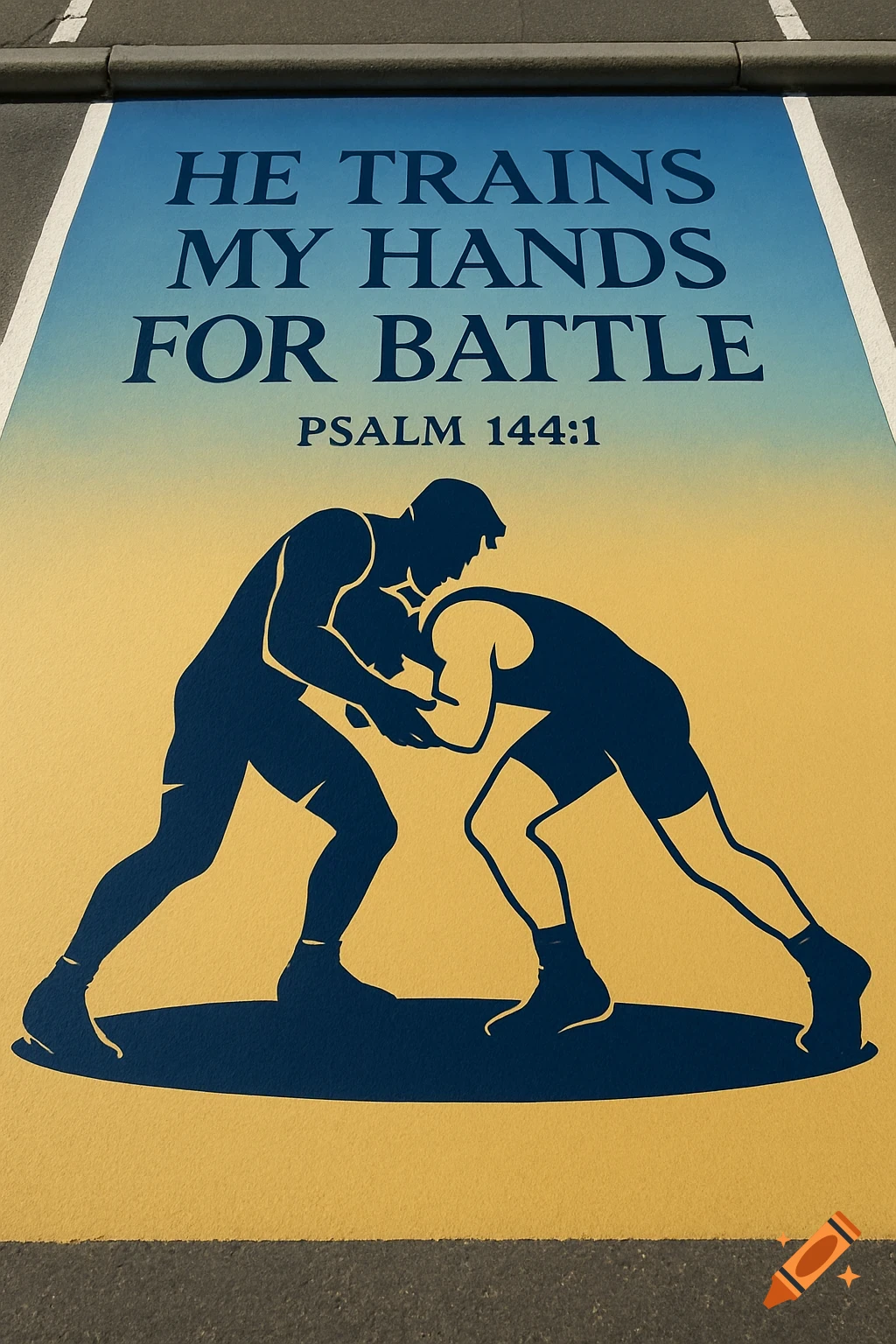 Silhouettes of two wrestlers grappling on a yellow field, beneath a blue sky, with the text "HE TRAINS MY HANDS FOR BATTLE PSALM 144:1" above, painted on asphalt.