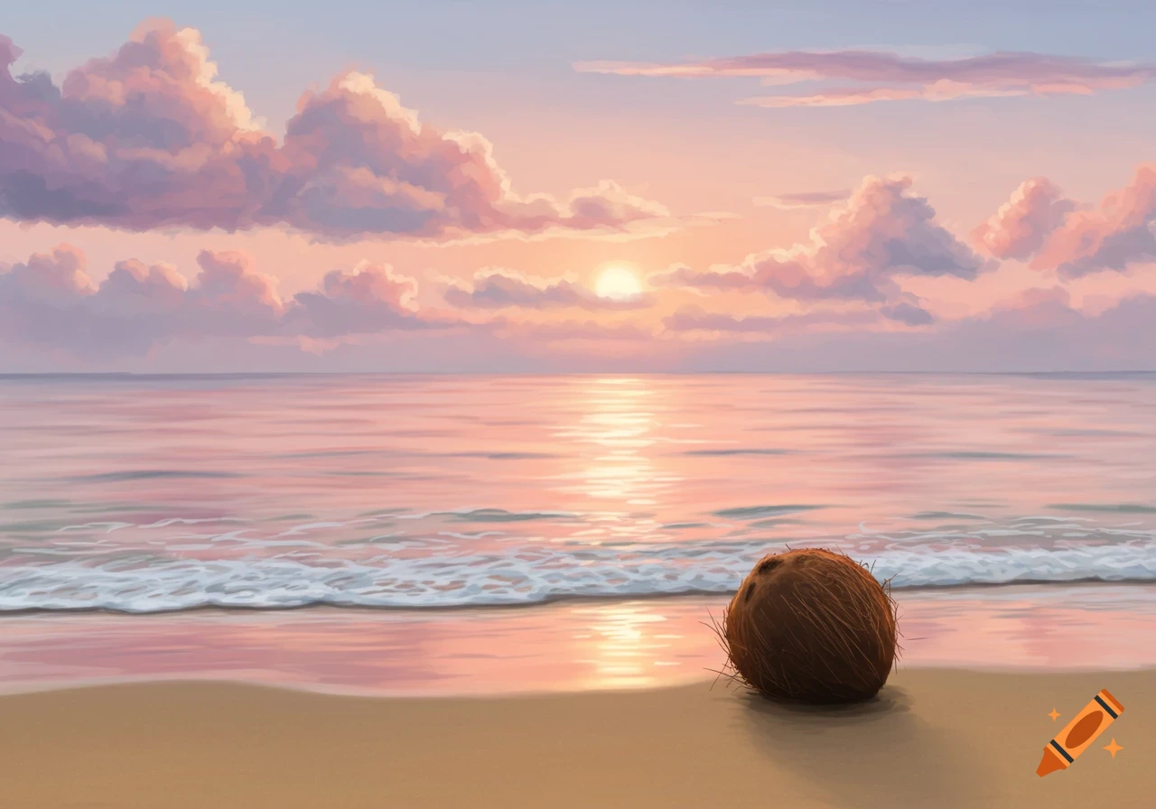 A picturesque beach at sunrise or sunset, with pastel clouds, calm water, and a lone coconut on the sandy shore. Painterly style.