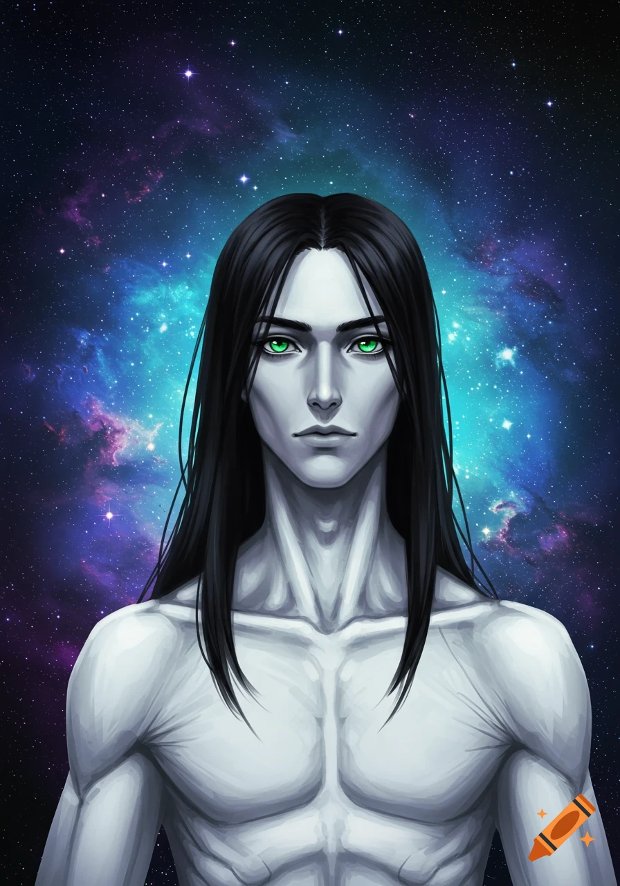 A stylized portrait of an ethereal man with long black hair and glowing green eyes against a vibrant starry night sky.