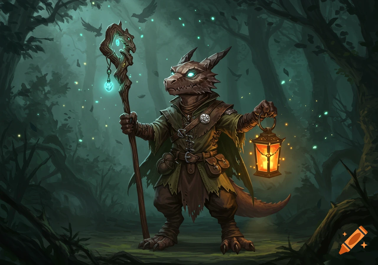 A fantasy illustration of a kobold warlock holding a glowing staff and a lantern in a dark, magical forest.